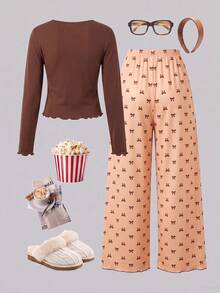 Sweet Autumn/Winter Girls Brown Bow Decor Long Sleeve Top + Bow Print Long Pants Pajama Set, Soft Fabric, Suitable For Girls Home Wear - Brown - View 4