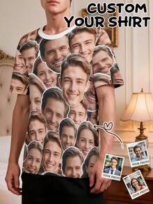 Men's Customized Photo Face T-Shirt, Personalized 3-Face All-Over Print Funny Short Sleeve Casual Creative Gift Shirt - Multicolor - View 1