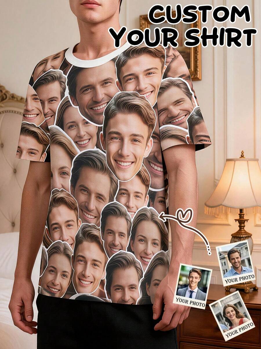 Men's Customized Photo Face T-Shirt, Personalized 3-Face All-Over Print Funny Short Sleeve Casual Creative Gift Shirt - Multicolor - View 1