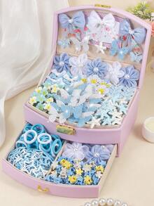 132pcs Blue And White Fresh Style Girls Hair Accessories Set, Including Bow/Flower/Butterfly/Starfish Hair Clips, Star Snap Clips, Mini Claw Clips, Solid Color Towel Scrunchies, Suitable For Daily, Party, Travel Use - Multicolor - View 1