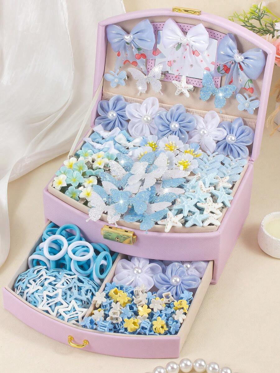 132pcs Blue And White Fresh Style Girls Hair Accessories Set, Including Bow/Flower/Butterfly/Starfish Hair Clips, Star Snap Clips, Mini Claw Clips, Solid Color Towel Scrunchies, Suitable For Daily, Party, Travel Use - Multicolor - View 1