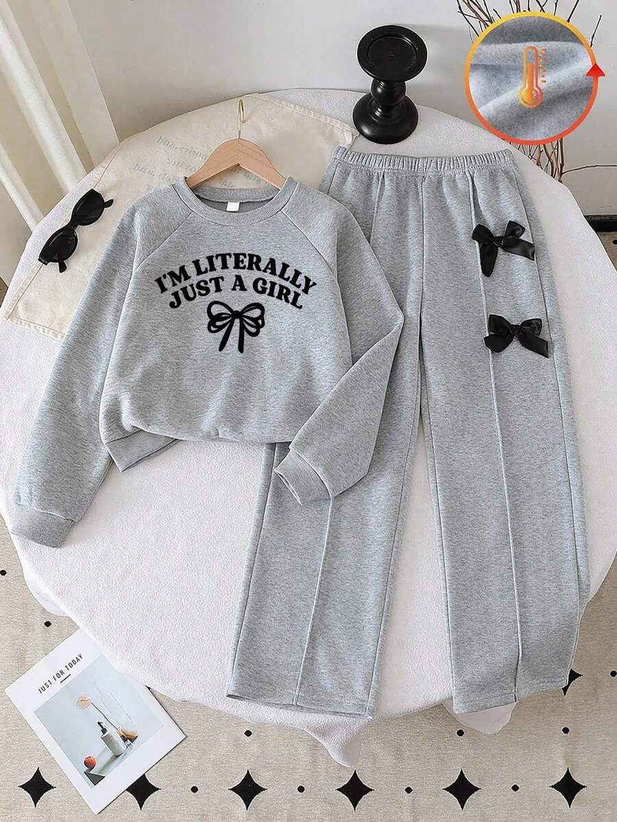 Girls Letter Print Round Neck Long Sleeve Top And Wide Leg Pants With Bow Decor, Autumn/Winter - Grey - View 1