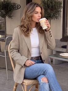 Women Fall Houndstooth Plaid Blazer, Lapel Collar Single Breasted Long Sleeve Relaxed Fit Jacket With Pockets For Office Daily Outfits - Multicolor - View 7