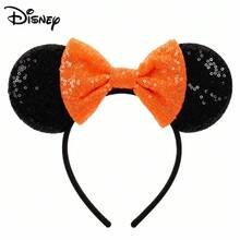 Disney Halloween Minnie Mouse Ear Headband, Orange And Black Sequin Decoration With Bow, Shiny Hair Accessory, Suitable For Theme Park Cosplay, Halloween Party And Autumn Outfit, Suitable For Women - A - View 6