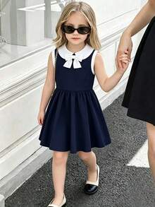 Mädchen Schulanfang Saison Mode minimalistischer College-Stil Schleife Tankkleid, geeignet für Sommer 3-7 Jahre alte Mädchen tägliche Lässig, Urlaubsparty, Schule und Outdoor-Aktivitäten - marineblau - Übersicht 4