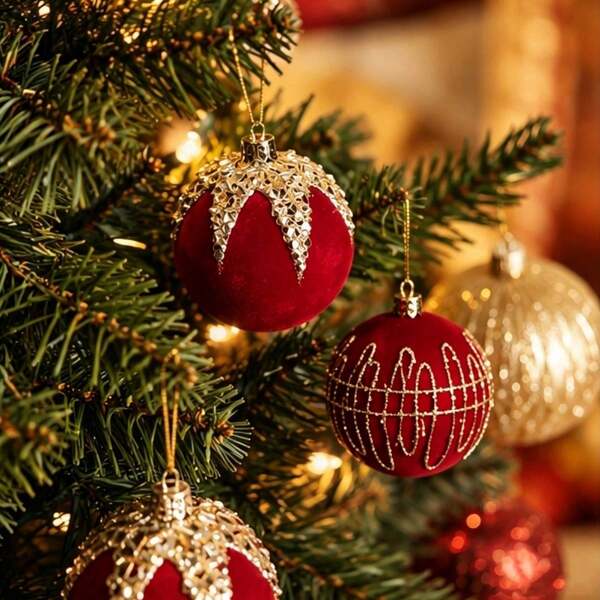 Christmas Red Flocked Gold Rhinestone Ball Ornament, Luxury Flocked Flocked Crystal Shiny Christmas Tree Decor Ball, Fireplace Stair Railing Window Hanging Decoration, Cozy Classic Holiday Popular Winter Farmhouse Tree Hanging Ornament