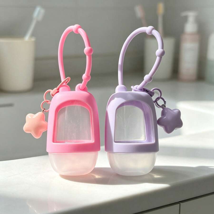 2pcs Pink Purple Dopamine Color [Refillable Squeeze Bottle] With Cover + Star Pendant, Keychain And Star-Shaped Charm, Portable Small Size Waterless Hand Sanitizer Bottle, Leak-Proof Design, Reusable, Suitable For Office, Gym, Travel And School - View 1