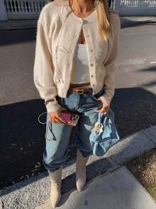 Cardigan Wanita Musim Gugur Musim Dingin Y2K Krem Beige Lembut Berbulu Rajut Lengan Panjang Kancing Depan Leher Bulat Atasan Cardigan Sweater Pakaian Kasual Sehari-hari - krem - View 3