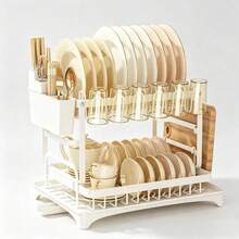 Double Layer Dish Drying Rack With Drip Tray, Kitchen Utensil Storage Rack, Dish And Cutting Board Holder, Suitable For Apartment Kitchen - White - View 7