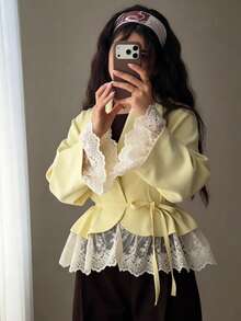 Solstice Apparel Women Lapel Tie Waist Blazer, Lace Cuff & Hem Ruffle Hem Cropped Jacket - Yellow - View 3