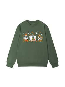 Women Crewneck Sweatshirt, Cute Ghost Pumpkin Halloween Graphic Loose Long Sleeve Pullover - Light Green - View 2