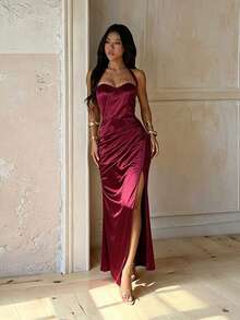 Women's Autumn Burgundy Satin Halter Neck Slit Elegant Dress, Back To School, Party, Date - Burgundy - View 7