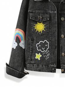 Tween Girls Y2K Style Denim Jacket And Coat, Big Tween Girl Retro Black Denim, Cartoon Rainbow Letter Print, Multi-Pocket Single-Breasted Open Front Lapel Long Sleeve Top, Suitable For Spring Summer Autumn Winter, Daily Wear, School, Commuting - Black - View 6