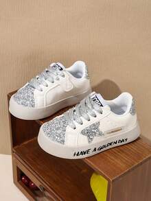 Girls' White Sneakers, Flat Casual Shoes, Retro Design, Breathable, Non-Slip Sole, Versatile, Suitable For Daily Wear, Outdoor Sports, All Seasons, Campus Wear, Ball Games, Kids' Shoes - Silver - View 5