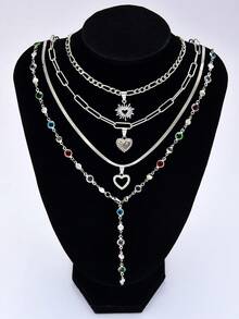 4pcs Y-Shaped Necklace Vintage, Elegant Multi-Layered Heart & Sun Colorful Rhinestone Bling Bling Shiny Chain Snake Bone Chain Minimalist Metal Style Pendant Necklace Set, Long Necklace, Fashion Simple Elegant Exquisite Retro Design, Holiday Vacation Party Date Gift, Daily Commute Wear - Silver - View 2