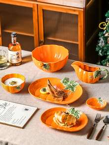 1pc Pumpkin Ceramic Gravy Boat, Autumn Harvest Pumpkin Ceramic Sauce Boat, Suitable For Home Kitchen Restaurant Use, Condiment Sauce Pot, Gravy Sauce, Salad Dressing, Kitchen Tableware, Gift, Holiday Decoration - Multicolor - View 3