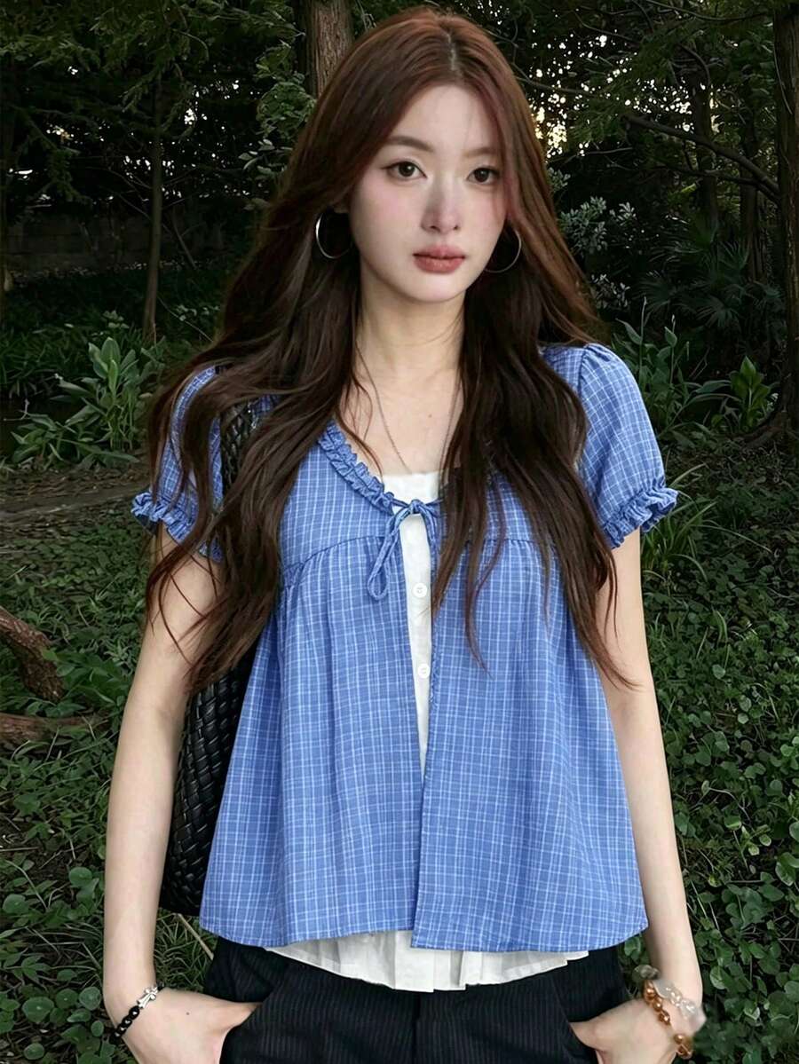 日系 2 合 1 短袖蕾絲格紋襯衫 夏季修身學院風上衣 - 藍色 - 查看 1