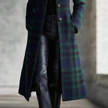 Ladies' Autumn And Winter Scottish Plaid Stand Up Collar Long Coat, Retro Single Breasted Slim Casual Jacket KORTNEY12 - Green - View 4