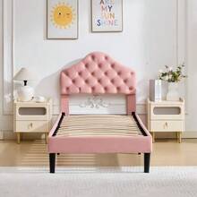 Twin Size Upholstered Platform Bed Frame With Adjustable Headboard, Velvet Single Bed With Wood Slat Support, No Box Spring Needed, Easy Assembly, 90x200cm - 粉色 - 查看 10