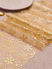 1pc Christmas Golden Foil Table Runner With Snowflake Pattern, 28*500cm Christmas Shiny Rectangular Mesh Tablecloth, Table Cover, Merry Christmas Decoration, Xmas Decor, Christmas Table Decor, Holiday Party Supplies, Winter Home Decor, Kitchen Decor - Snowflake - View 8