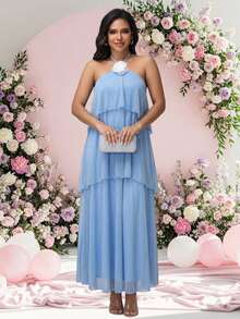 JustVH Đầm bầu thanh lịch dây mảnh, bèo lưới xếp lớp và trang trí hoa 3D, phù hợp chụp ảnh tiệc đón em bé mùa thu - Màu xanh lam - Xem 4