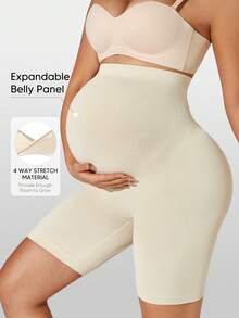 大码无缝高腰孕妇塑形短裤，防止大腿摩擦，支撑腹部，适合夏季运动和骑行 - 杏色 - 查看 1