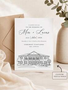1pc Customized Venue Line Art Wedding Invitations, Personalized Wedding House Sketch Greeting Cards, Customized Text Wedding Venue Illustration Greeting Cards. - Multicolor - View 10