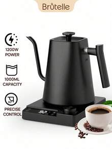 Brutelle 1200W Fast Heating Temperature Sensing Electric Kettle, 1000ml Stainless Steel Body, Auto Shut-Off & Keep Warm Function, Suitable For Home Kitchen Coffee Corner, Black - Black - View 10