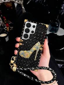 1pc Black Hot Stamping Foil + 3D Raised Spot UV With Holographic Glitter Heart Pattern Anti-Drop Fashion Phone Case Rectangular, With Black Wrist Strap, European And American Style, Large Camera Hole, Luxury, Valentine's Day Gift, Shockproof Compatible With Apple Compatible With IPhone 17promax/17/16 15 14 13 Promax/15 14 Plus/Compatible With Samsung Compatible With Galaxy S26Ultra/S26 Plus/S26/S25 S24 S23 S22 Ultra/S25+FE/A57/A56/A37/A36/A17/A16 - Black Gold Foil Embossed Glitter + Wrist Strap - View 3