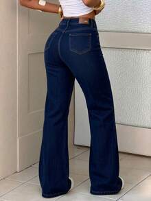 Pantalones de mezclilla rectos lavado, elásticos, efecto levantador de glúteos, control abdominal y caída amplia - Azul oscuro - Ver 3