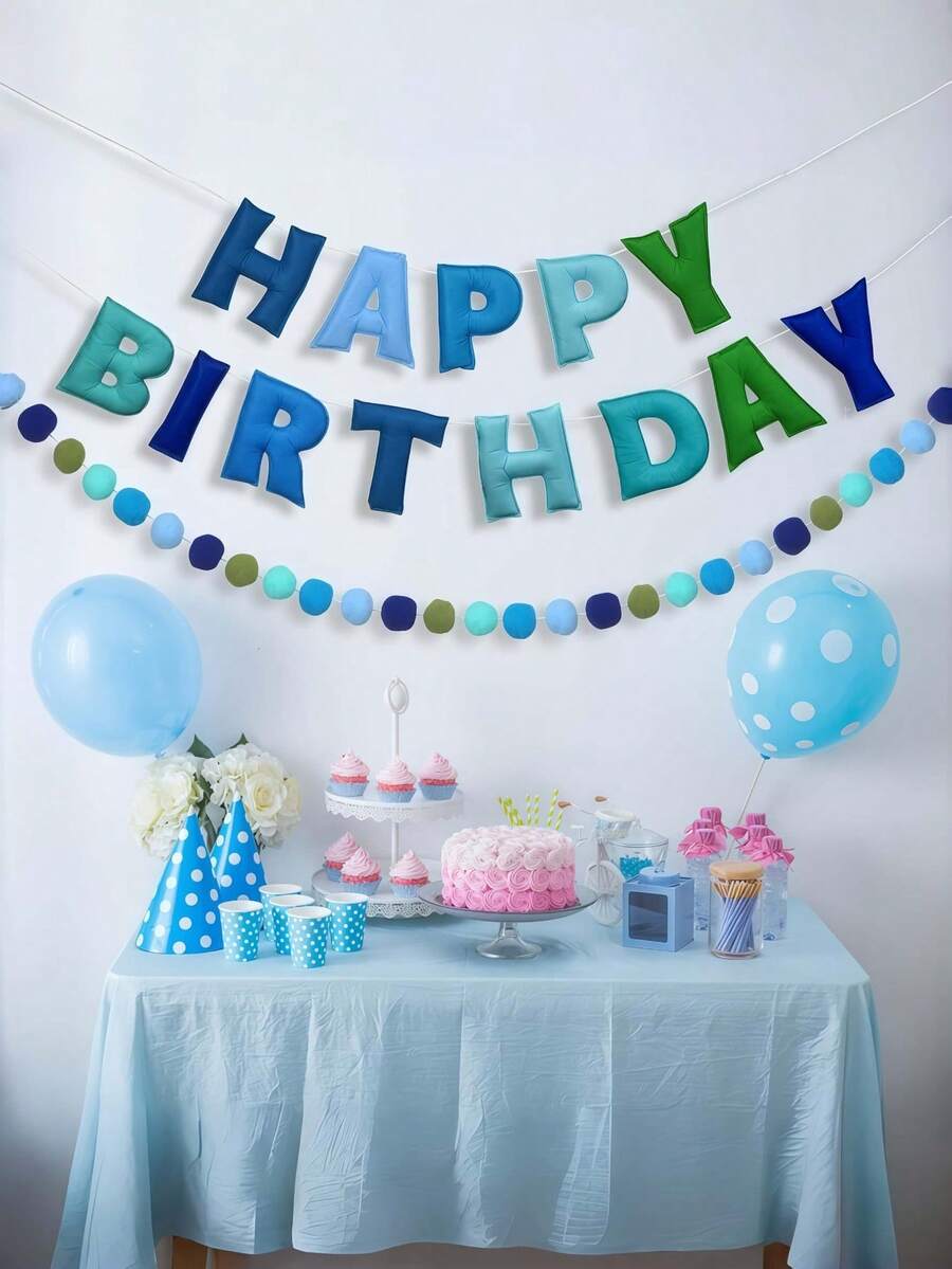 5/4/3/2/1套預串好生日快樂橫幅套組，附彩虹毛氈球球，可重複使用生日慶祝派對裝飾