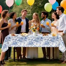 4-Piece/1-Piece Blue Floral Plastic Rectangular Tablecloth, Disposable Blue Floral Party Tablecloth Suitable For Weddings, Buffets, Proposal Parties, Birthday Parties 54*104 Inches - Blue - View 4