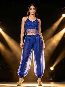 Bohemian Floral Rhinestone Fringe Halter Crop Top With Sparkly Sheer Mesh Harem Pants For Carnival Parades, Desert Festivals & Vacation Shooting (Available In Multiple Colors) - Multicolor - View 1
