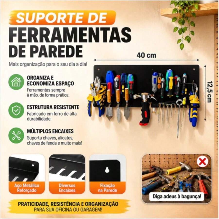 Suporte de Parede Metal para Ferramentas Organizador Multiuso de Garagem Oficina Pratico Resistente | Suporte para alicates, alicates, martelo, espátulas. - Preto - Visão 1