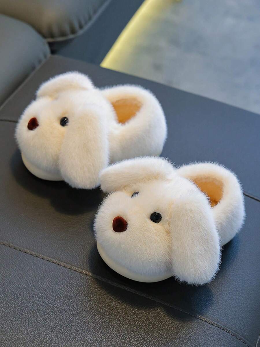 1 Pair Boys & Girls Plush Slippers, Dog Ear Design, Fuzzy Lining, Non-Slip Soft Rubber Sole, Suitable For Toddlers And Children Indoor Warm Home Slippers - White - View 1
