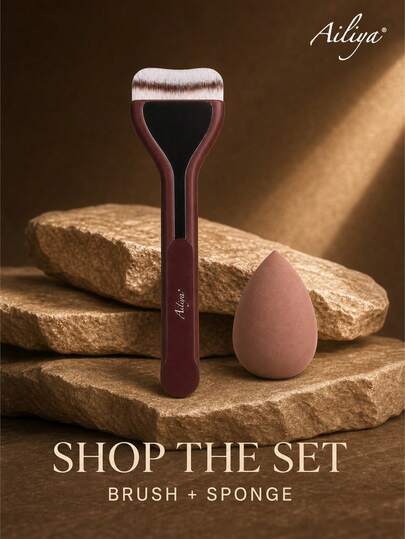 Ailiya Curved Makeup Brush And Teardrop Beauty Sponge,Face Makeup Applicator Tools For Foundation Blending, Contouring And Daily Cosmetic Routine, Wide Wavy Brush Head With Pointed Sponge Shape, Vanity And Travel Beauty Accessories