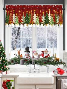 1pc Christmas Tree Curtain Valance, Christmas Tree Pattern, Polyester Material, Rod Pocket, Suitable For Kitchen, Living Room, Bedroom, Christmas Kitchen Decor, Home Holiday Decoration - Green - View 3