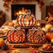 1/3pcs 3D Layered Wooden Pumpkin Desktop Decor, Buffalo Plaid Polka Dot Leopard Print Wooden Pumpkin Ornament With Jute Bow And Maple Leaf Tag, Autumn Layered Tray Decoration, Thanksgiving Farmhouse Style Dining Table Centerpiece Indoor Desktop Decor - Autumn Decor - View 2