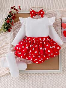 Set 5 pcs untuk Bayi Perempuan: Kaos Lengan Panjang Bergaris Putih dengan Pita Polkadot & Hiasan Ruffle + Gaun Ruffle Bertingkat Dua Lapis Polkadot + Bando Pita + Kaos Kaki - Merah - View 3