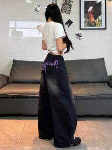 1件美式街頭風刺繡女款繭型寬腿鬆身長褲，舒適四季牛仔長褲（本產品不含腰帶/配件） - 黑色 - 查看 4
