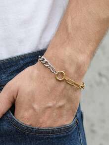 1pc Fashion Men's Stainless Steel Creative Dual-Color Patchwork Bracelet, Versatile Daily Decorative Gift For Boyfriend - Multicolor - View 1