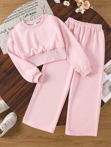 Left Mama Girls Sweet Versatile Solid Color Sweatshirt & Straight Leg Pants Set, Spring/Autumn, College Style - Pink - View 2