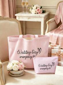 1/2件組條紋托特包與化妝包，印有「Wedding Day」文字，適合度假、通勤、購物，送給家人與朋友的禮物 - 彩色 - 查看 2