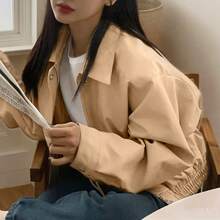 女款短領襯衫夾克，長袖拉鍊開襟 - 卡其色 - 查看 4