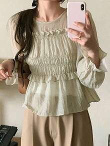 Korean-Style French Gentle Sweet Frill Trim Ruched Cinched Waist Flounce Sleeve Blouse - Apricot - View 3