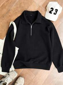 1pc Women's Black Long Sleeve Polo Collar Sweatshirt, Autumn Casual Loose Half-Zip Pullover - Black - View 1
