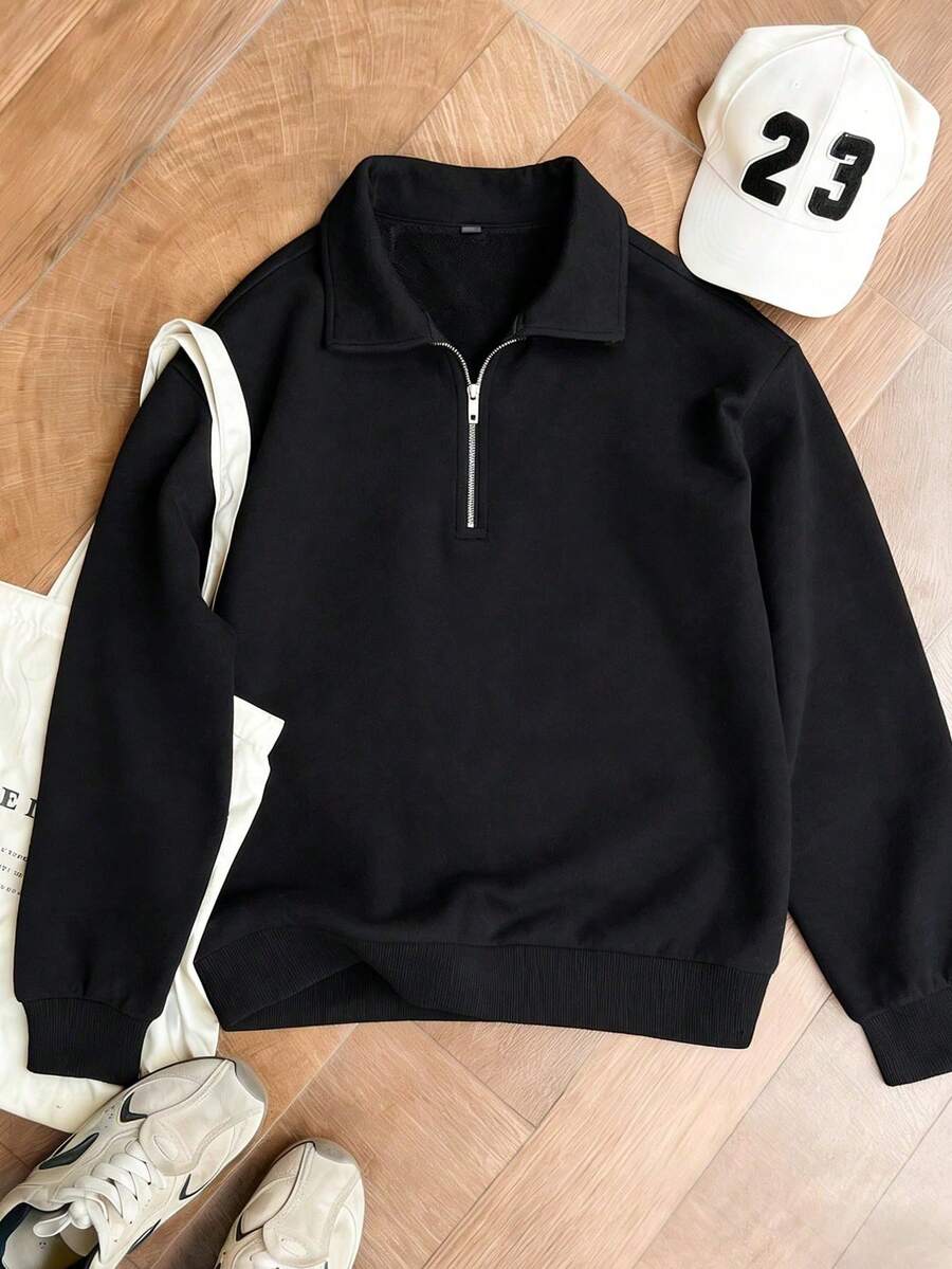 1pc Women's Black Long Sleeve Polo Collar Sweatshirt, Autumn Casual Loose Half-Zip Pullover - Black - View 1