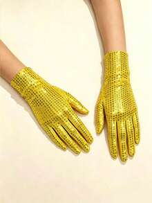 1 par de guantes cortos sin dedos con lentejuelas reflectantes, guantes reflectantes sexy para escenario, fiesta y actuación - Dorado - Ver 3