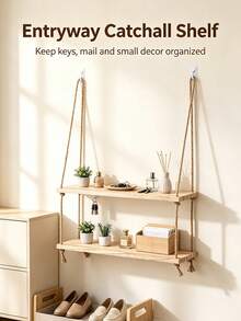 Bohemian Style Rope Hanging Plant Shelf - Wall-Mounted Rope Frame, Suitable For Plants, Artificial Wood Shelf, Space-Saving Decor For Living Room, Bedroom, Balcony - Easy Installation And Minimalist Aesthetic - Multicolor - View 6