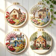 4 Styles Pastoral Cottage Floral Embroidery Full Material Kit With Round Embroidery Hoop, Countryside Landscape House And Flower 3D Embroidery, Beginner DIY Handmade Gift, Home Wall Decor Hanging Painting - Multicolor - View 13